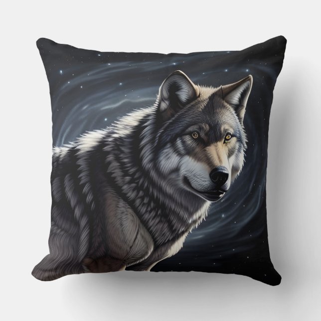 Majestic Wolf Under Starry Sky Cushion (Front)