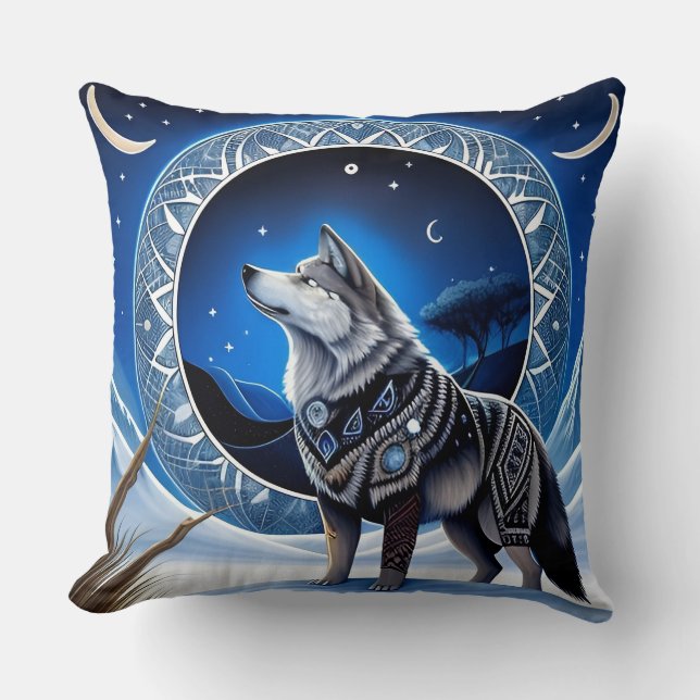 Majestic Wolf Under Starry Sky Cushion (Front)