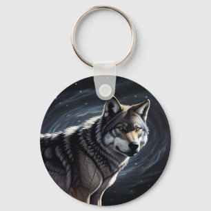Majestic Wolf Under Starry Sky Key Ring