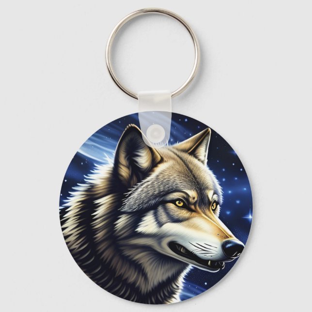 Majestic Wolf Under Starry Sky Key Ring (Front)