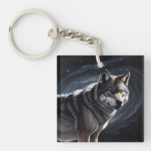 Majestic Wolf Under Starry Sky Key Ring