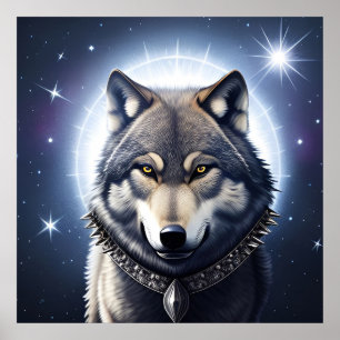 Majestic Wolf Under Starry Sky Poster