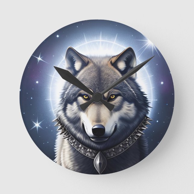 Majestic Wolf Under Starry Sky Round Clock (Front)