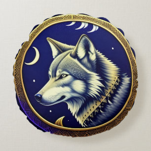 Majestic Wolf Under Starry Sky Round Cushion