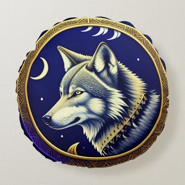 Majestic Wolf Under Starry Sky Round Cushion (Front)
