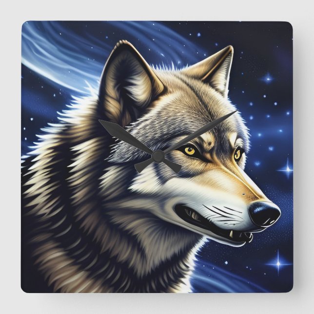 Majestic Wolf Under Starry Sky Square Wall Clock (Front)