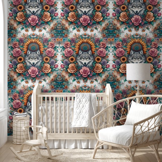 Majestic Wolf with Roses & Sunflowers Wallpaper (Kids)