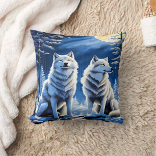 Majestic Wolves Beneath the Moonlit Sky Cushion