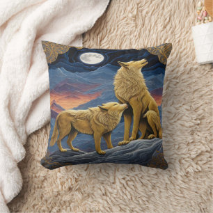 Majestic Wolves Howling Under Moonlit Sky Cushion