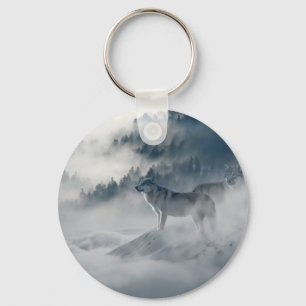 Majestic Wolves in the Forest Mist Key Ring