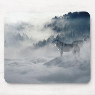 Majestic Wolves in the Forest Mist Mouse Mat