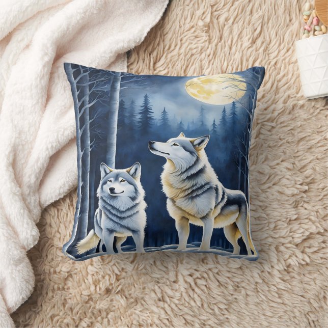 Majestic Wolves Under a Full Moonlit Sky Cushion (Blanket)