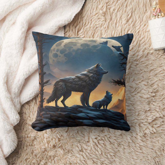 Majestic Wolves Under Full Moon.  Cushion (Blanket)