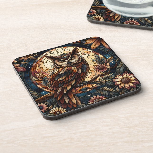 Majestic Woodland Brown Owl Stained Glass  Coaster (Left Side)