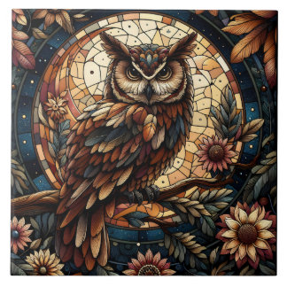 Majestic Woodland Brown Owl Stained Glass Tile