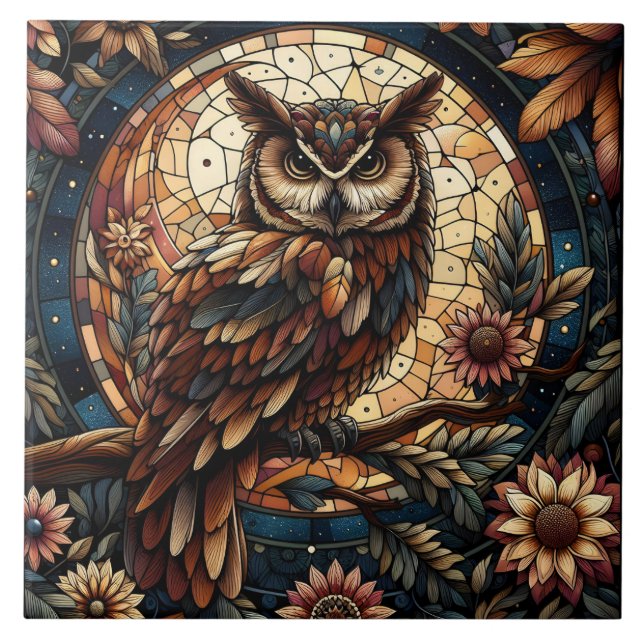 Majestic Woodland Brown Owl Stained Glass  Tile (Front)