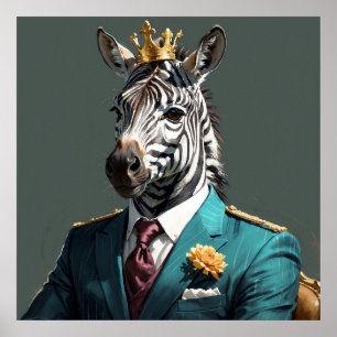 Majestic Zebra with Crown Portrait Painting Poster
