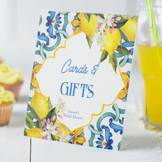 Majolica blue tiles lemons birthday gifts sign (Majolica blue tiles lemons vintage Italian bridal shower gifts table sign personalized decor)