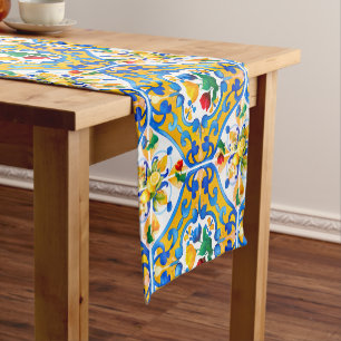 Majolica,blue tiles,Sicilian tiles,Ceramic Tile Short Table Runner