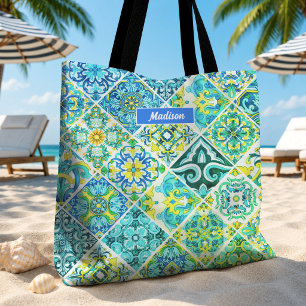 Majolica Floral Aqua Mint Sicilian Tile Pattern Tote Bag