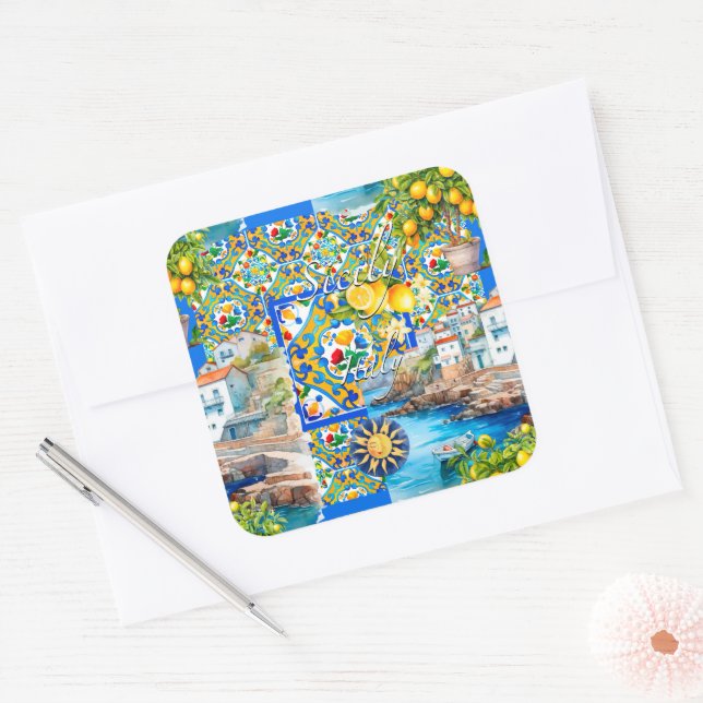 Majolica,lemon ,Sicilian tiles, Square Sticker (Envelope)