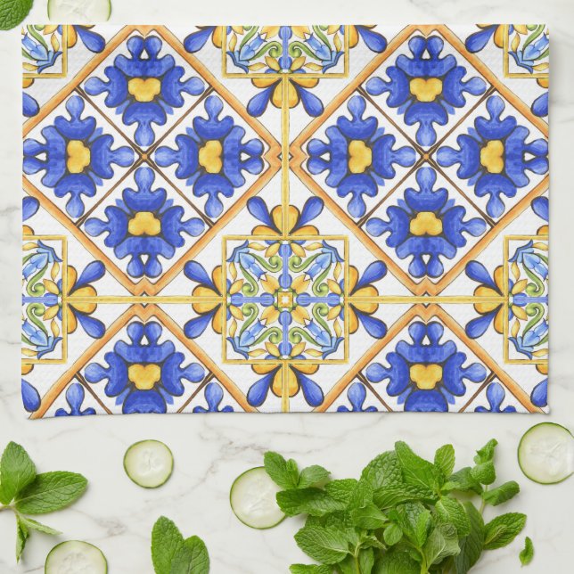 Majolica,Mediterranean tile, Tea Towel (Folded)