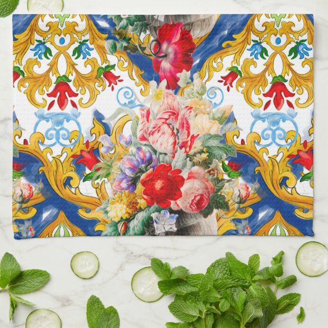 Majolica,Sicilian style, flowers   Tea Towel (Folded)