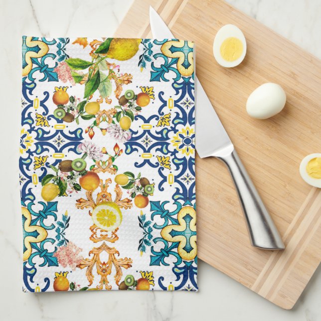 Majolica,Sicilian tiles,lemons citrus  Tea Towel (Quarter Fold)