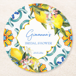 Majolica tiles lemons bridal shower favors round paper coaster