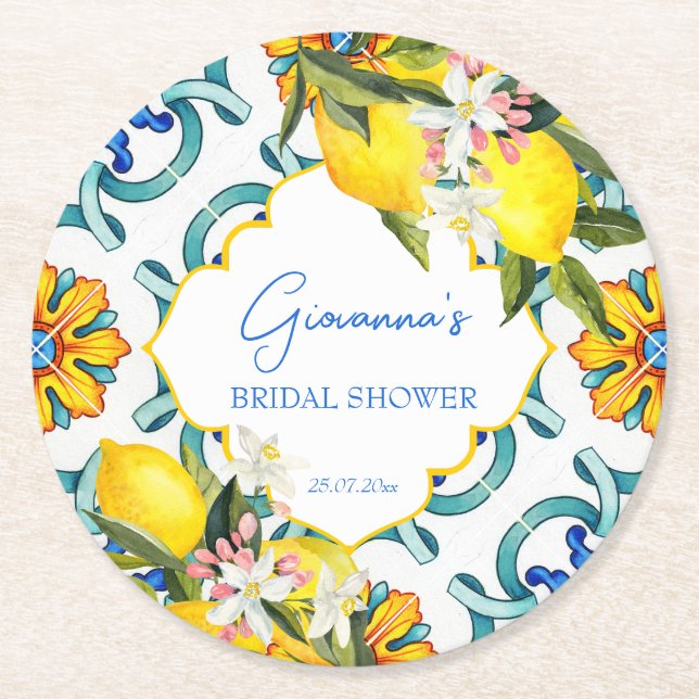Majolica tiles lemons bridal shower favours round paper coaster (Front)