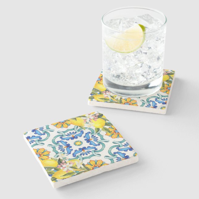Majolica tiles lemons bridal shower favours stone coaster (Side)