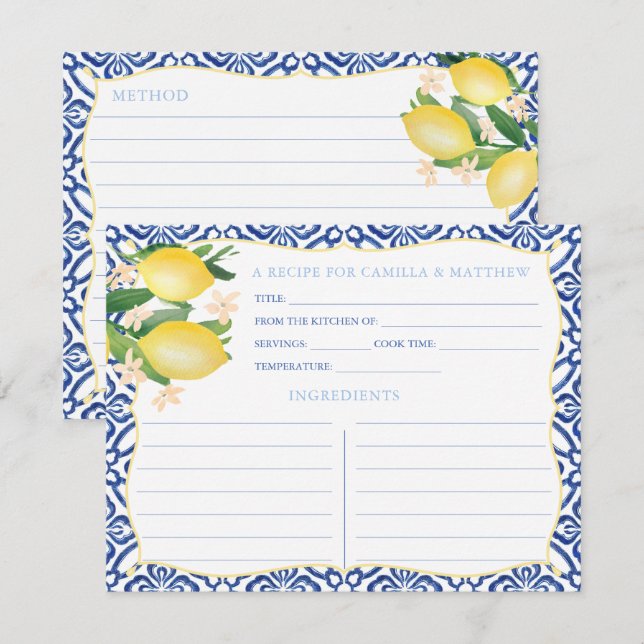 Majolica Tiles Lemons Bridal Shower Recipe Card (Front/Back)