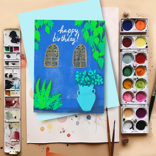 Majorelle Gardens Blue La Jardin HAPPY BIRTHDAY Postcard (Custom happy birthday postcard with colorful artwork inspired by Majorelle Gardens)