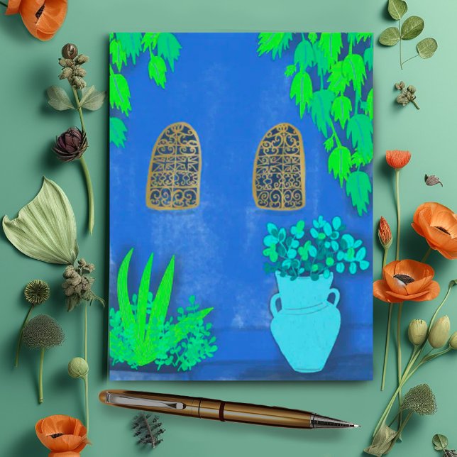 Majorelle Gardens Blue La Jardin Postcard (Majorelle gardens illustration. Sweet travel themed postcards and cards. Check my shop for more!)