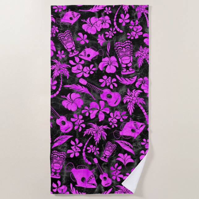 Makapuu Beach Hawaiian Batik Black and Pink Beach Towel (Front)