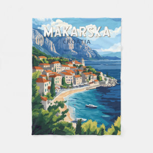 Makarska Croatia Illustration Travel Art Vintage Fleece Blanket