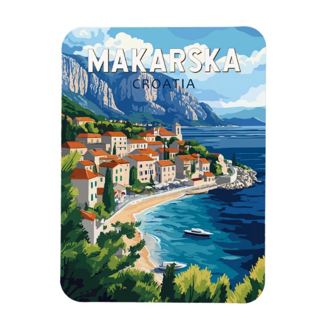 Makarska Croatia Illustration Travel Art Vintage Magnet (Vertical)
