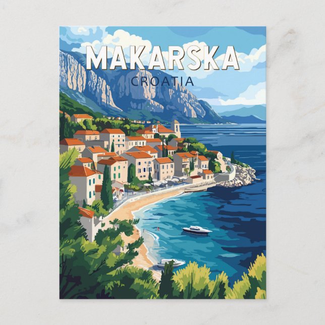 Makarska Croatia Illustration Travel Art Vintage Postcard (Front)