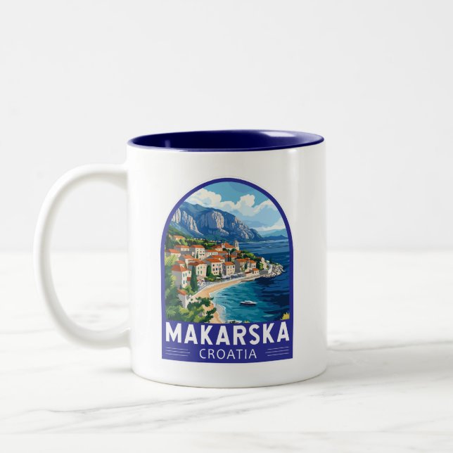 Makarska Croatia Travel Art Emblem Two-Tone Coffee Mug (Left)