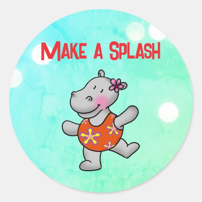 Make a Splash Hippo Birthday Pool Party Classic Round Sticker (Front)