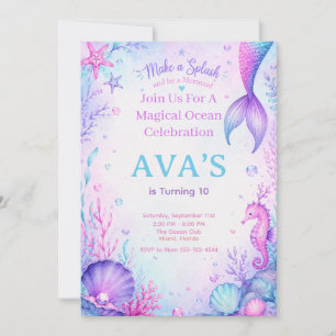 Make a Splash Mermaid Birthday Party Watercolor Invitation
