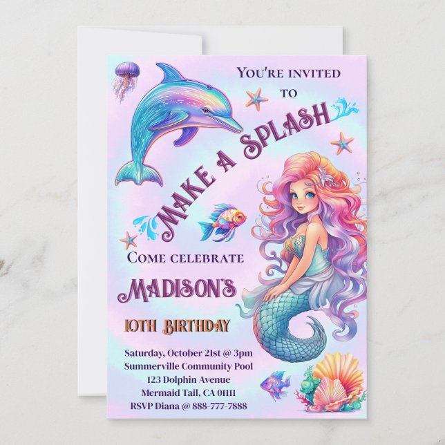 Make A Splash Mermaid Pastel Birthday Party  Invitation (Front)