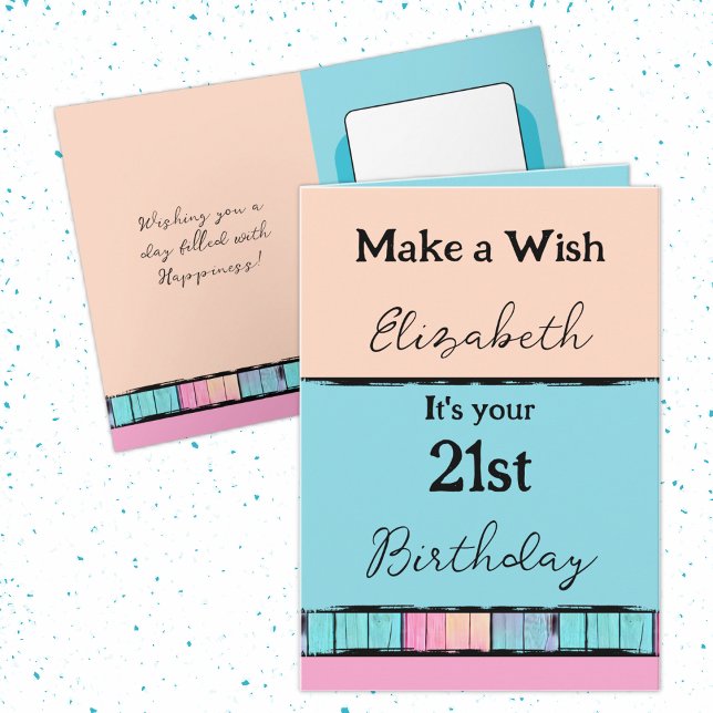 Make a wish add name turquoise 21st birthday card (Creator Uploaded)