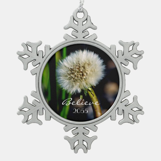 Make a Wish, Believe, Dandelion Christmas Snowflake Pewter Christmas Ornament (Front)