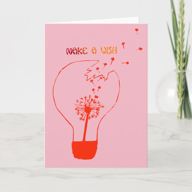 Make a Wish Birthday Card. Abstract Dandelion Pink Card (Front)