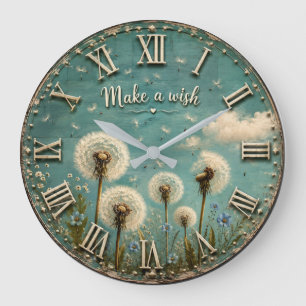 Make a Wish Dandelion Rustic Farmhouse Floral Large Clock