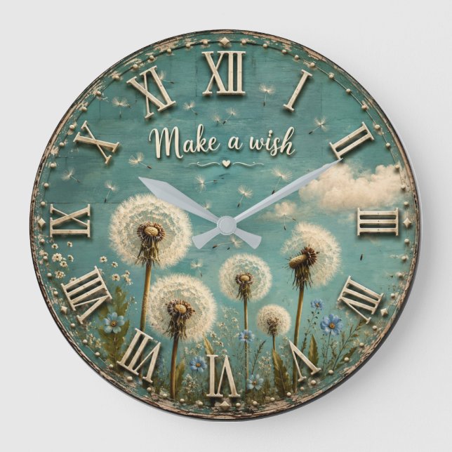 Make a Wish Dandelion Rustic Farmhouse Floral  Large Clock (Front)