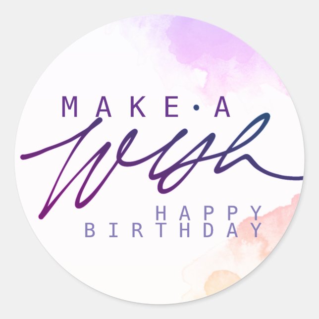 Make a Wish Happy Birthday in Purple Classic Round Sticker (Front)
