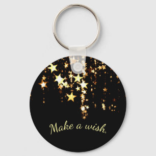 Make a Wish on Falling Gold Stars on Black Key Ring