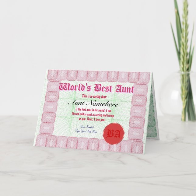 Make a World's Best Aunt Certificate Award Card (Front)